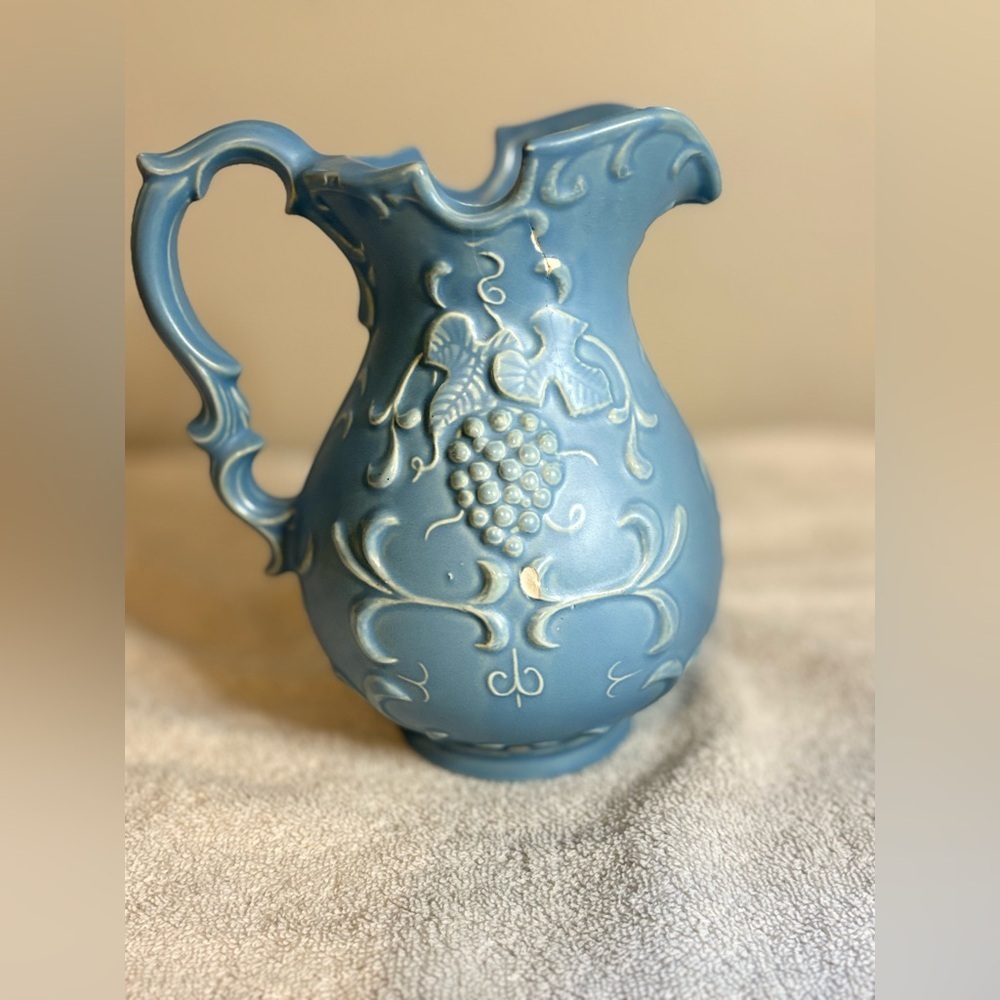 Vintage Blue Pottery Vase Pitcher Grape Design 7in